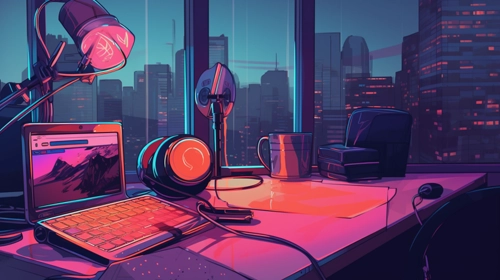 laptop on desk with microphone overlooking city skyline